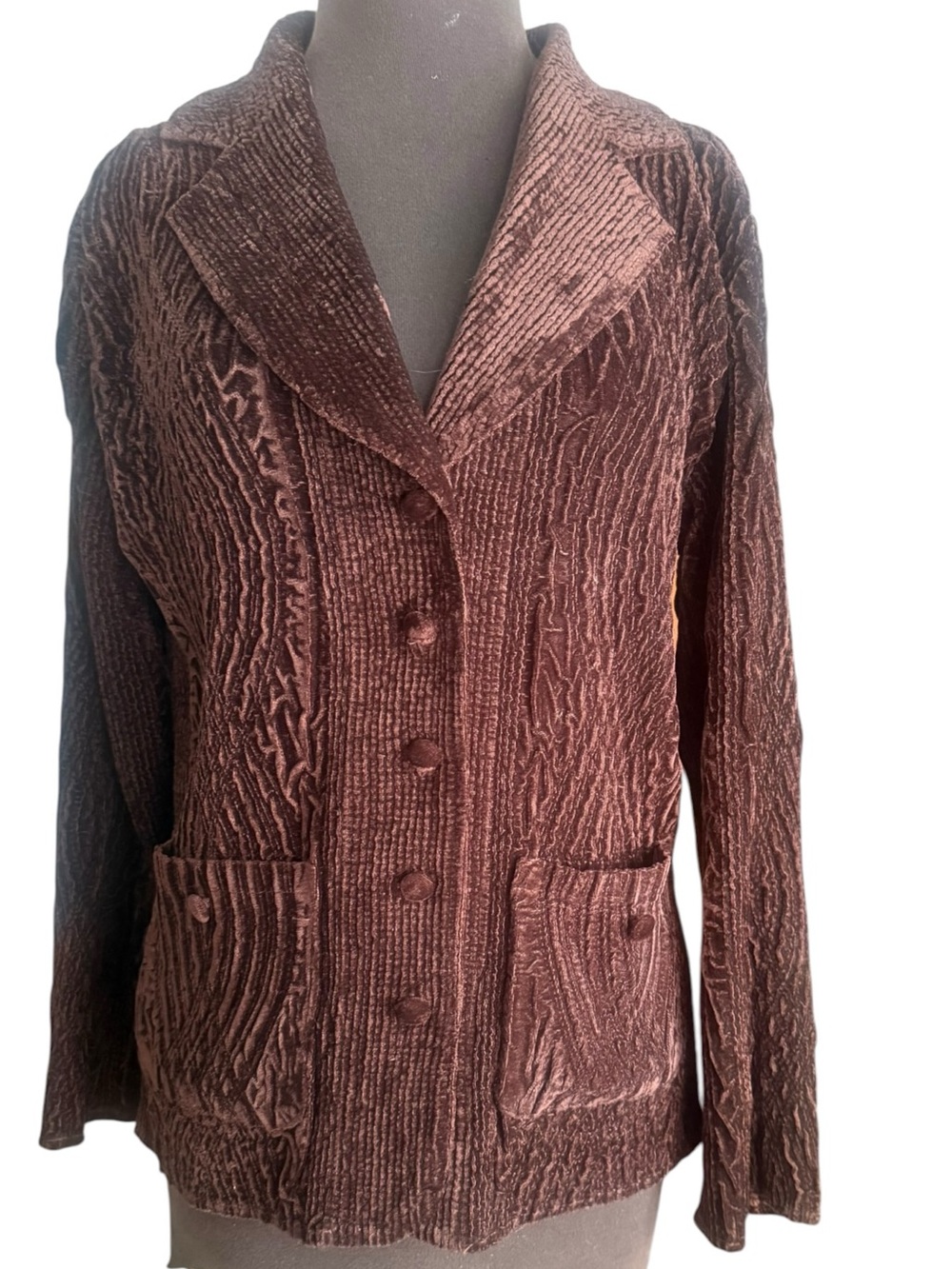 Y2K Tally-Ho Brown Textured Crushed Velvet Blazer Jacket Boho Size S Whimsigoth
